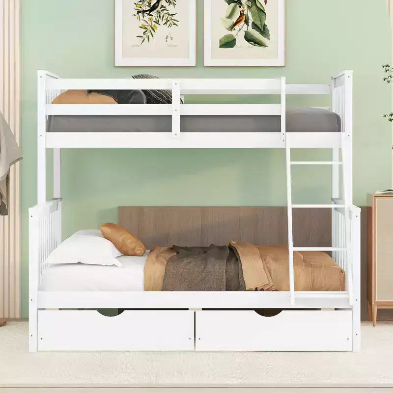 Letto a castello singolo sopra piazza e mezza con scaletta integrata e cassetti – Grigio, Noce, Bianco