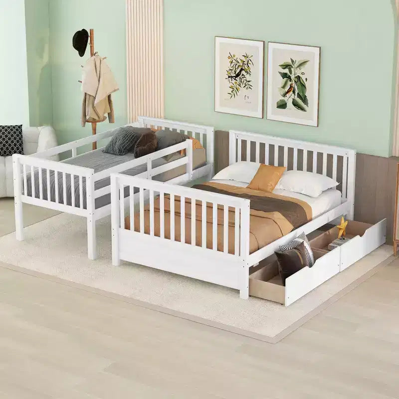 Letto a castello singolo sopra piazza e mezza con scaletta integrata e cassetti – Grigio, Noce, Bianco