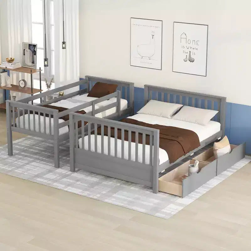 Letto a castello singolo sopra piazza e mezza con scaletta integrata e cassetti – Grigio, Noce, Bianco