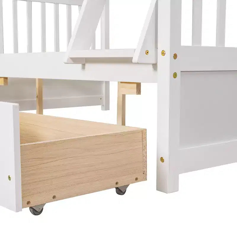 Letto a castello singolo sopra piazza e mezza con scaletta integrata e cassetti – Grigio, Noce, Bianco