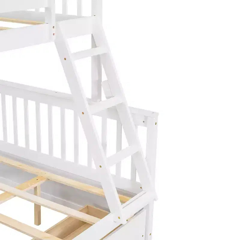 Letto a castello singolo sopra piazza e mezza con scaletta integrata e cassetti – Grigio, Noce, Bianco