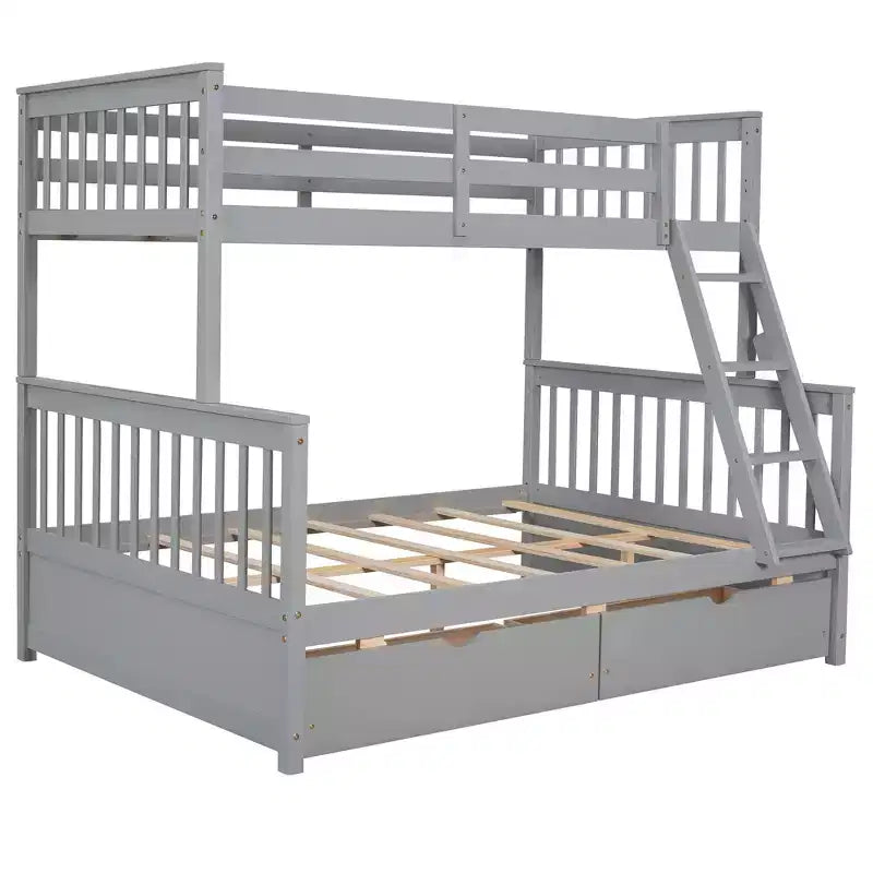 Letto a castello singolo sopra piazza e mezza con scaletta integrata e cassetti – Grigio, Noce, Bianco