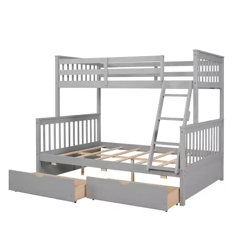 Letto a castello singolo sopra piazza e mezza con scaletta integrata e cassetti – Grigio, Noce, Bianco