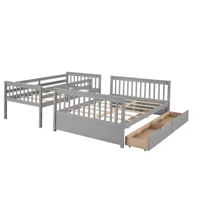 Letto a castello singolo sopra piazza e mezza con scaletta integrata e cassetti – Grigio, Noce, Bianco