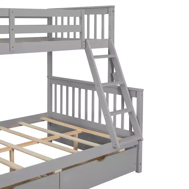 Letto a castello singolo sopra piazza e mezza con scaletta integrata e cassetti – Grigio, Noce, Bianco