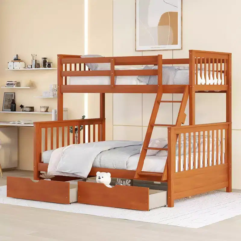 Letto a castello singolo sopra piazza e mezza con scaletta integrata e cassetti – Grigio, Noce, Bianco