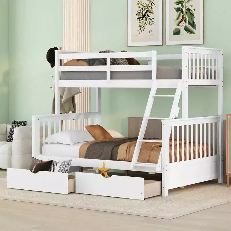 Letto a castello singolo sopra piazza e mezza con scaletta integrata e cassetti – Grigio, Noce, Bianco